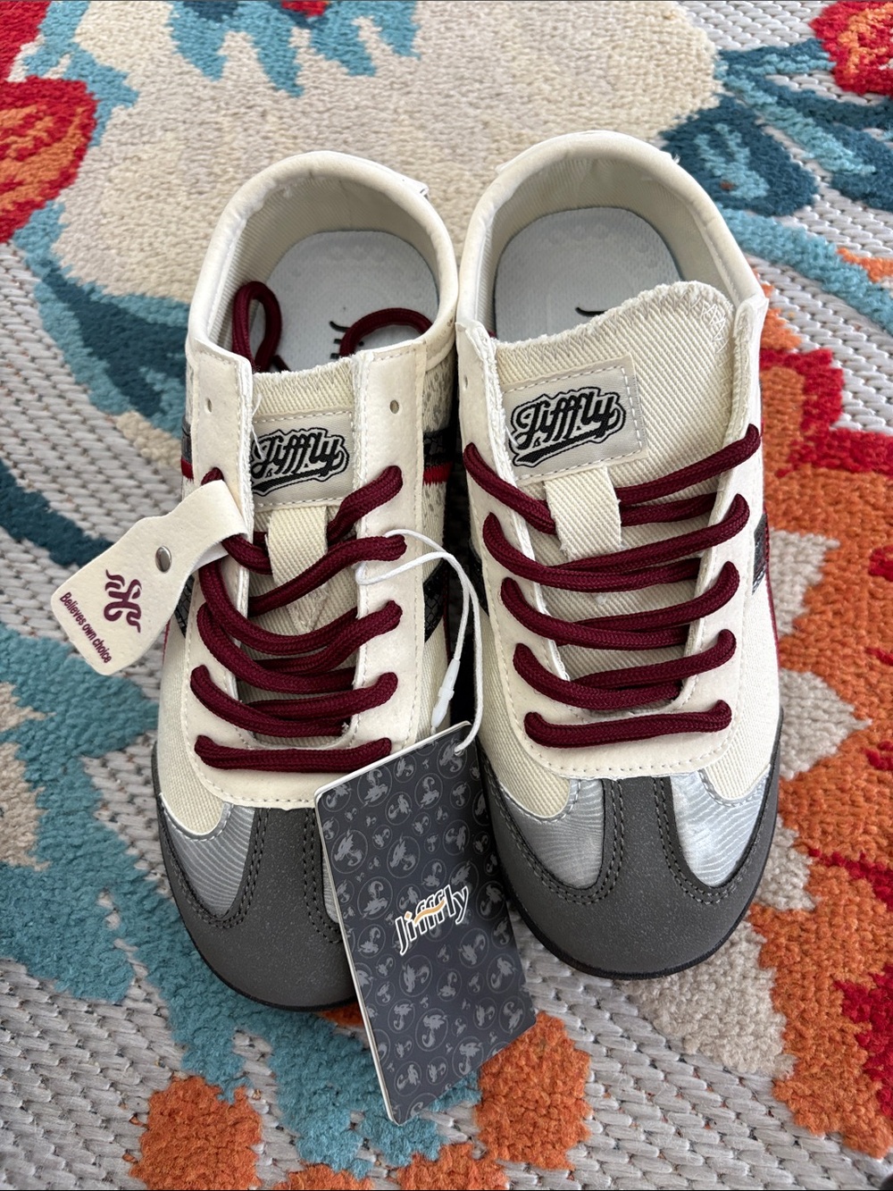 Fun Cream & Gray Sneakers with Burgundy Laces